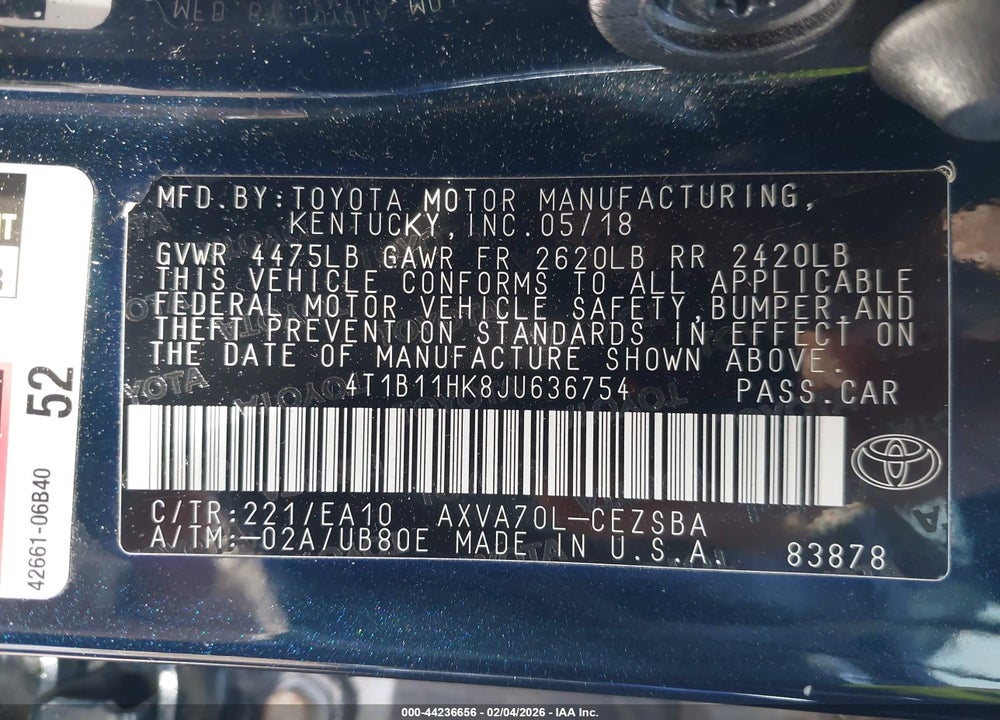 2018 TOYOTA CAMRY SE VIN: 4T1B11HK8JU636754