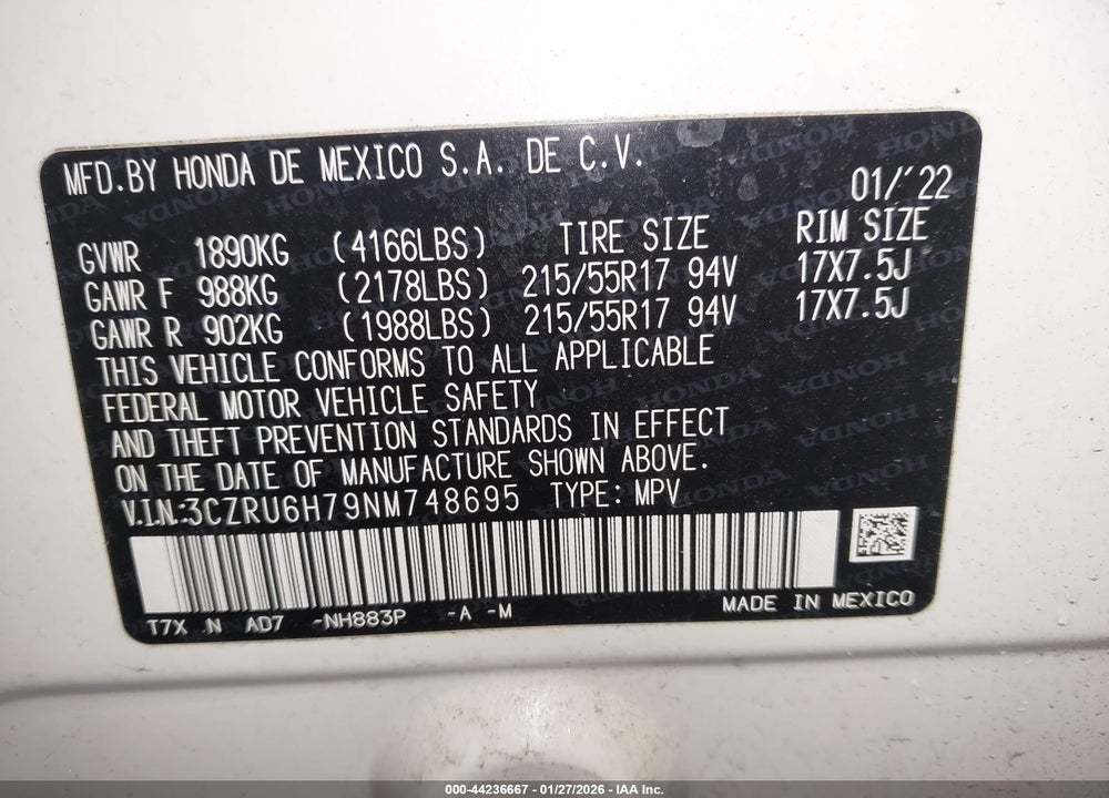 2022 HONDA HR-V AWD EX-L VIN: 3CZRU6H79NM748695