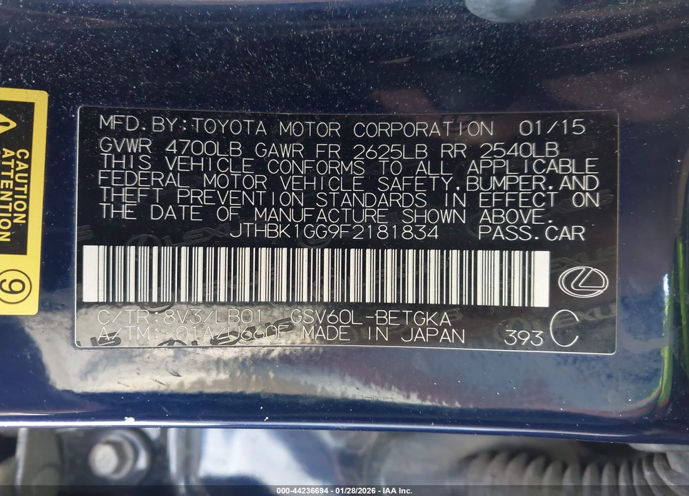 2015 LEXUS ES 350 VIN: JTHBK1GG9F2181834