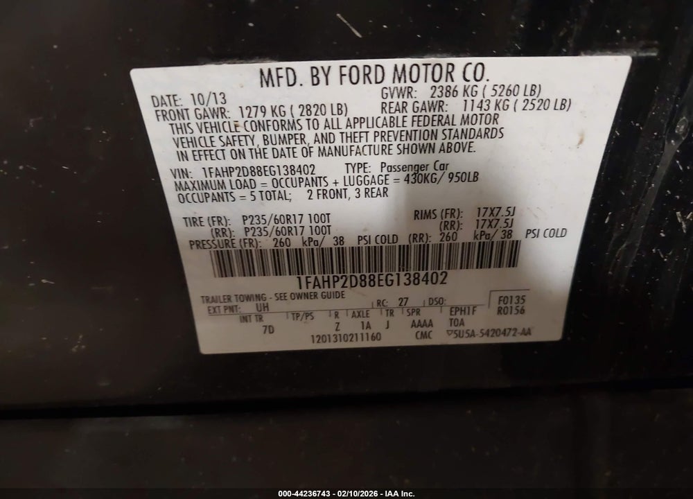 2014 FORD TAURUS SE VIN: 1FAHP2D88EG138402
