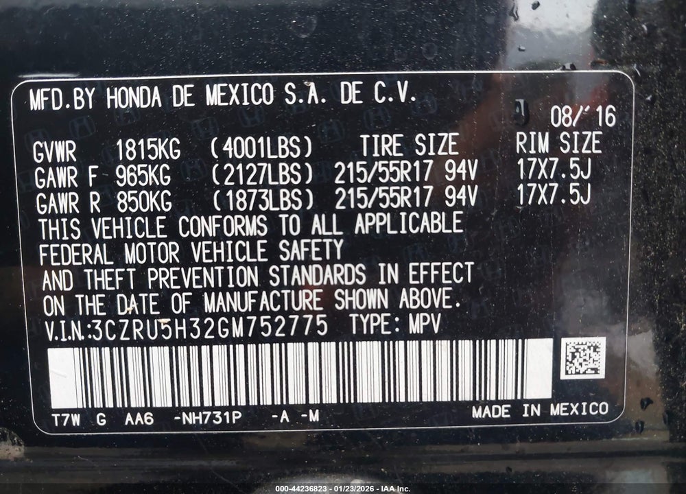 2016 HONDA HR-V LX VIN: 3CZRU5H32GM752775