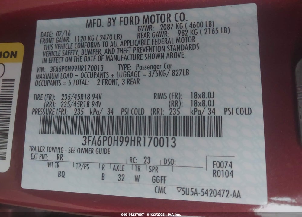 2017 FORD FUSION SE VIN: 3FA6P0H99HR170013