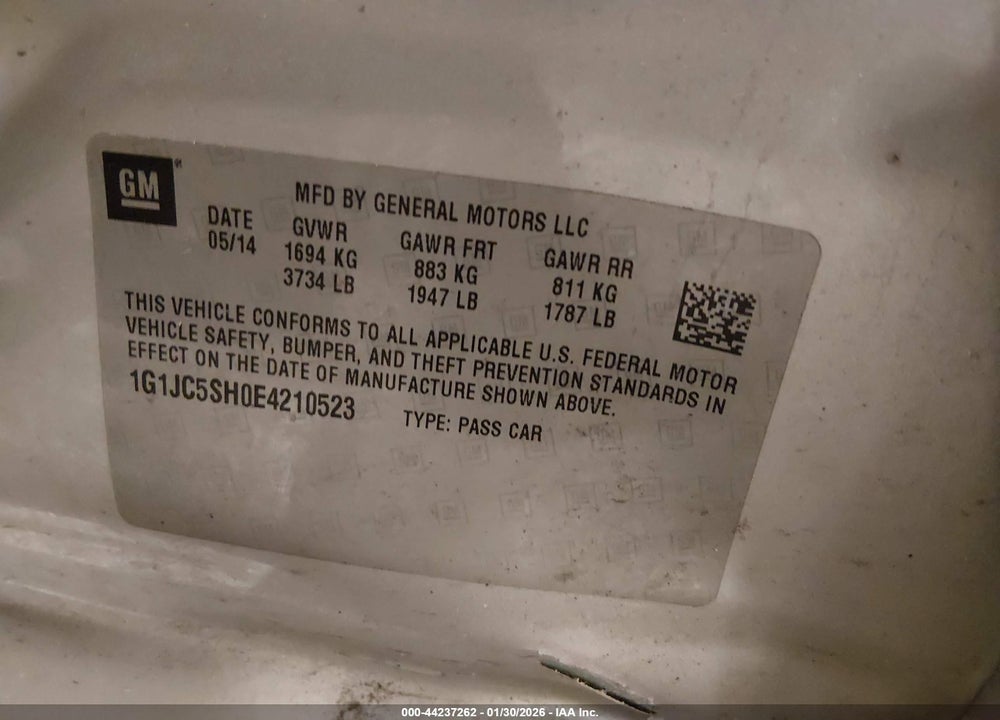 2014 CHEVROLET SONIC LT AUTO VIN: 1G1JC5SH0E4210523