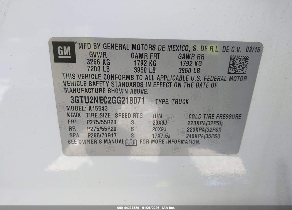 2016 GMC SIERRA 1500 SLT VIN: 3GTU2NEC2GG218071