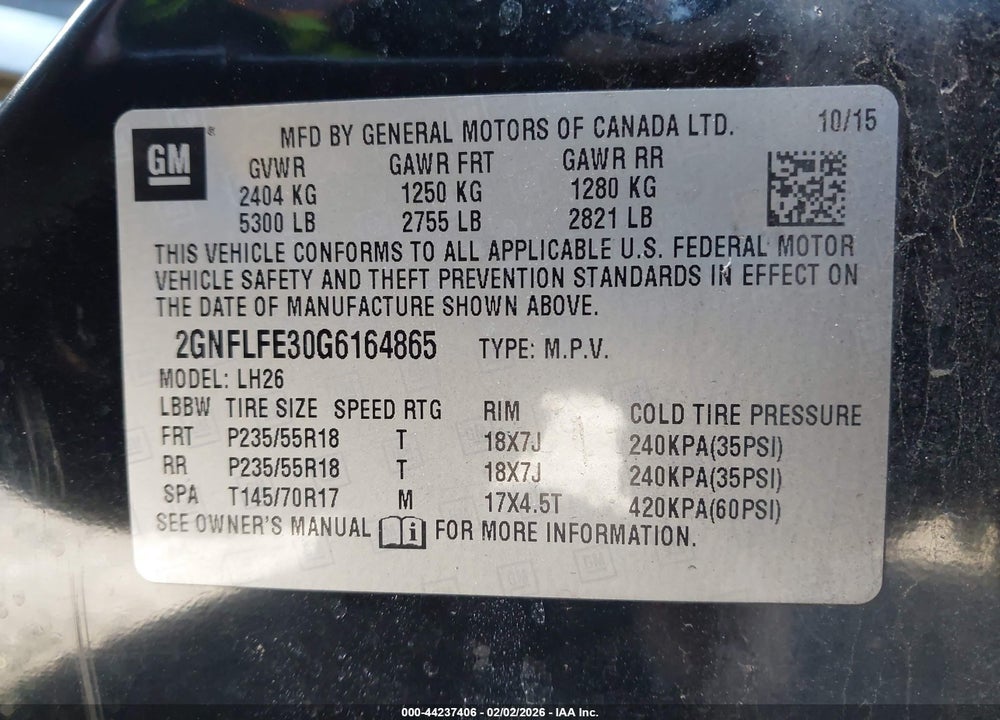 2016 CHEVROLET EQUINOX LT VIN: 2GNFLFE30G6164865
