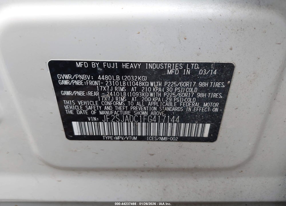 2015 SUBARU FORESTER 2.5I PREMIUM VIN: JF2SJADC1FG417144