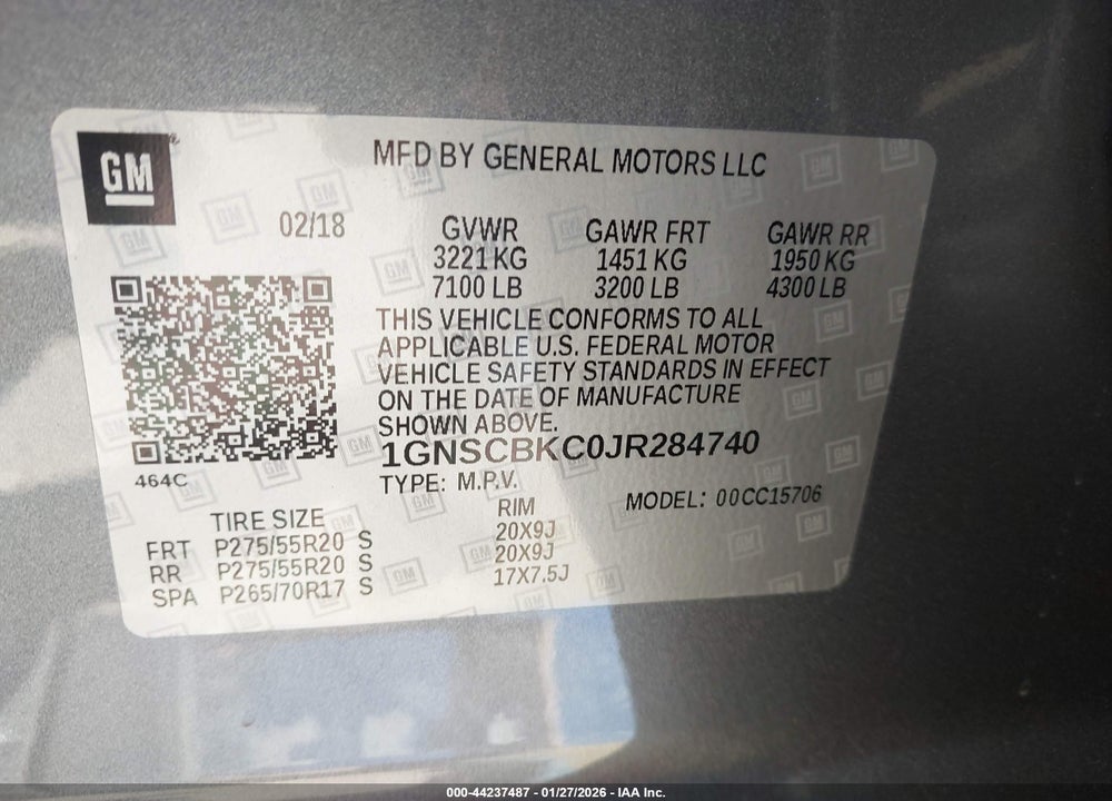 2018 CHEVROLET TAHOE LT VIN: 1GNSCBKC0JR284740