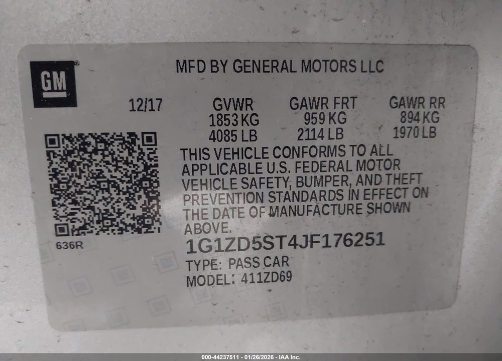2018 CHEVROLET MALIBU LT VIN: 1G1ZD5ST4JF176251