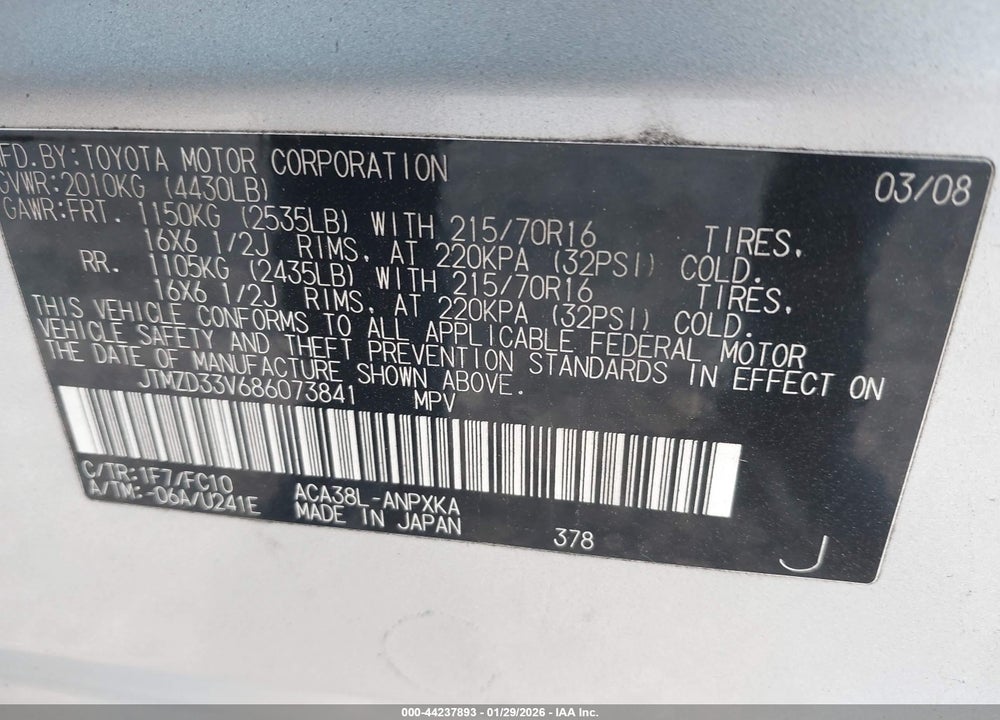 2008 TOYOTA RAV4 VIN: JTMZD33V686073841