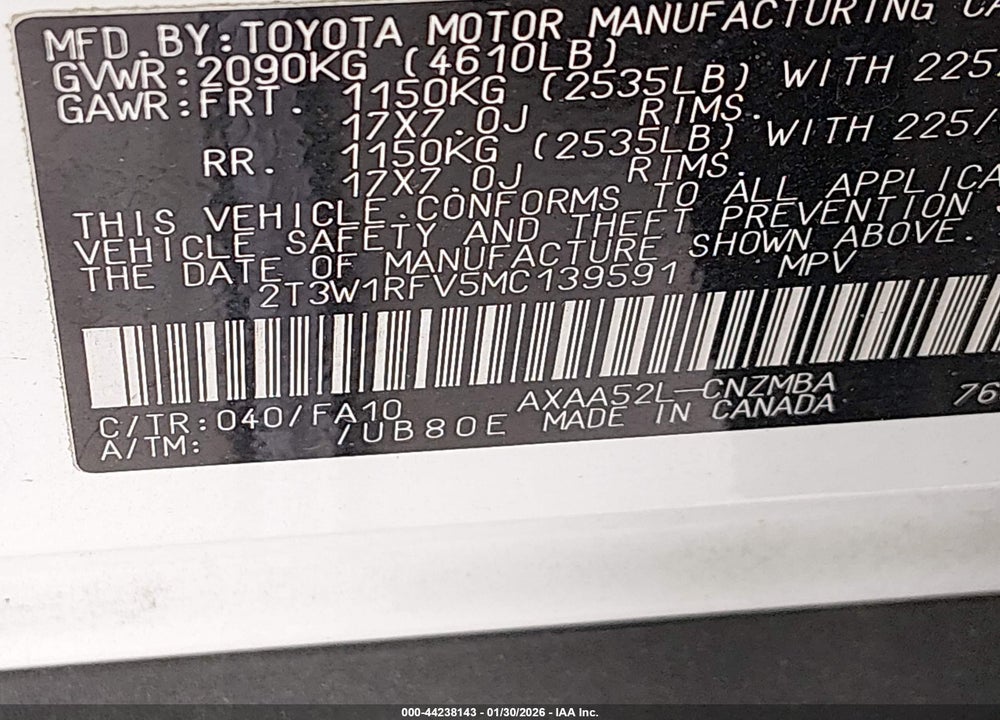 2021 TOYOTA RAV4 XLE VIN: 2T3W1RFV5MC139591