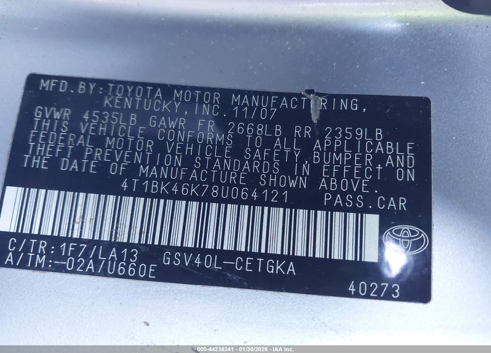 2008 TOYOTA CAMRY XLE V6 VIN: 4T1BK46K78U064121