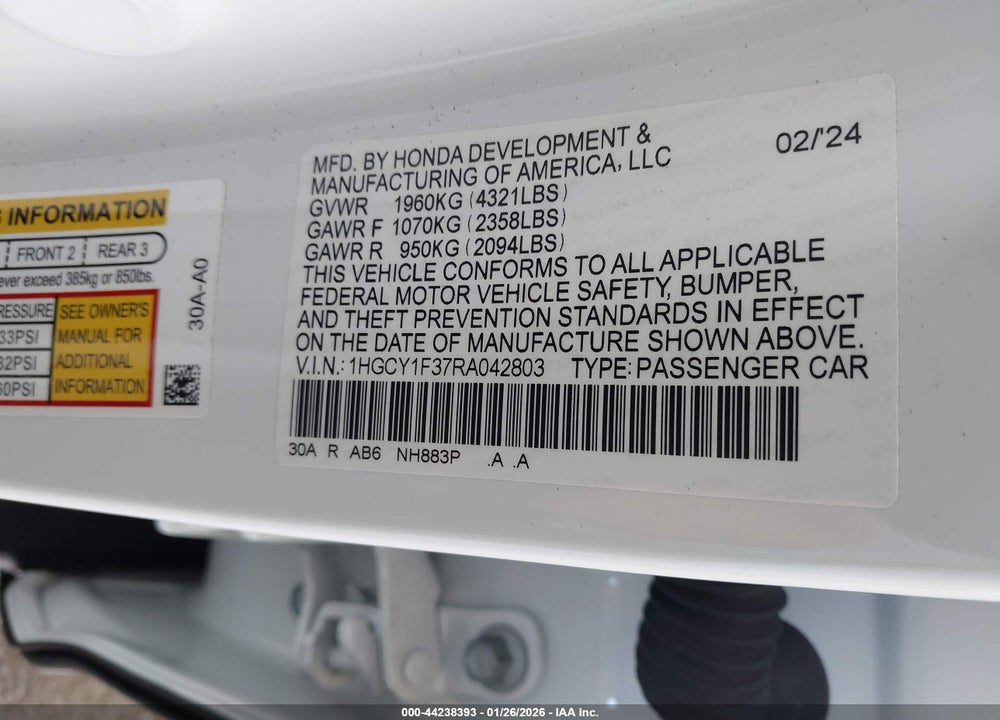 2024 HONDA ACCORD EX VIN: 1HGCY1F37RA042803