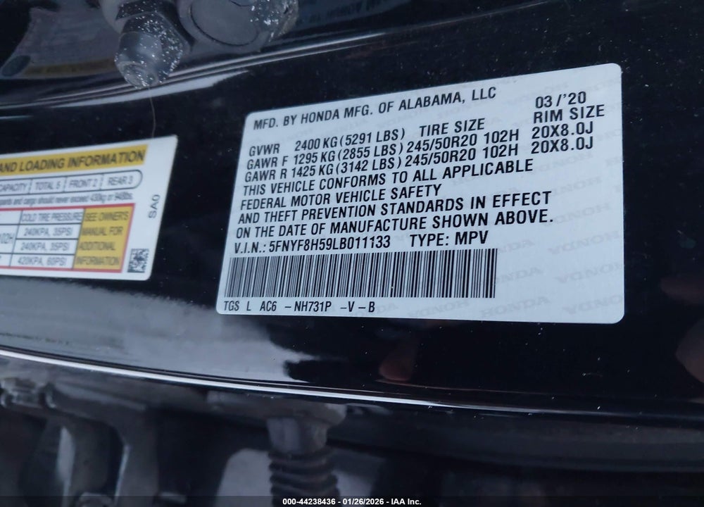 2020 HONDA PASSPORT AWD EX-L VIN: 5FNYF8H59LB011133
