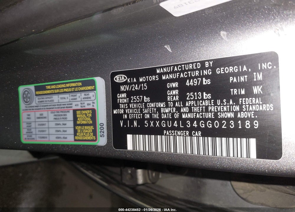 2016 KIA OPTIMA EX VIN: 5XXGU4L34GG023189