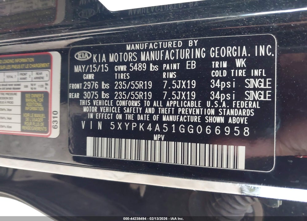 2016 KIA SORENTO 3.3L SXL VIN: 5XYPK4A51GG066958