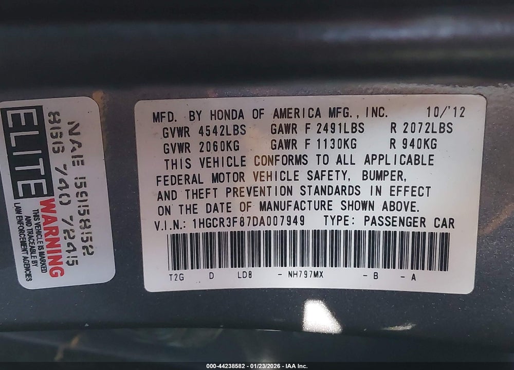 2013 HONDA ACCORD EX-L V-6 VIN: 1HGCR3F87DA007949