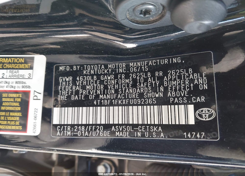 2015 TOYOTA CAMRY SE VIN: 4T1BF1FKXFU092365