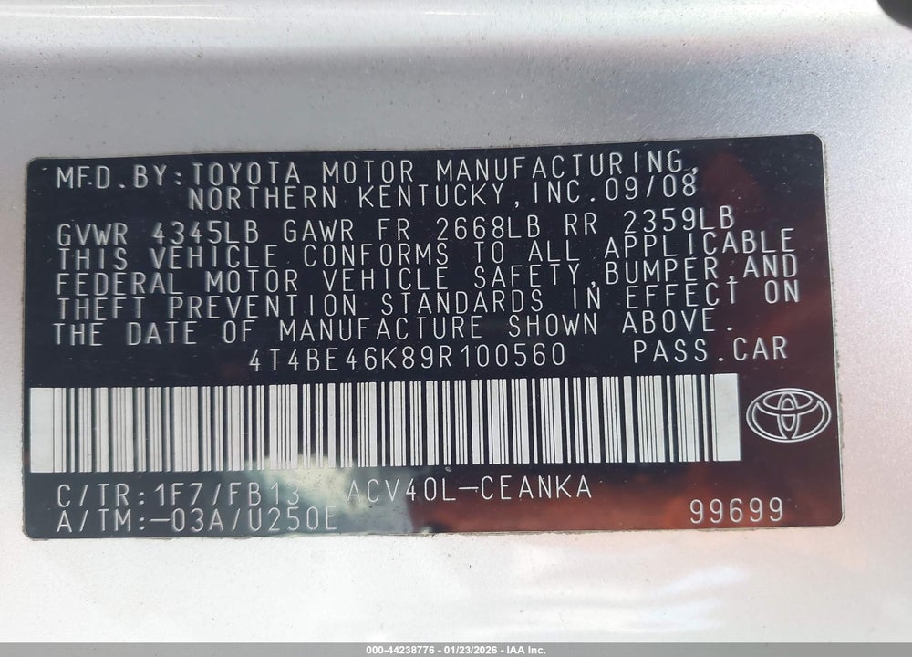 2009 TOYOTA CAMRY VIN: 4T4BE46K89R100560