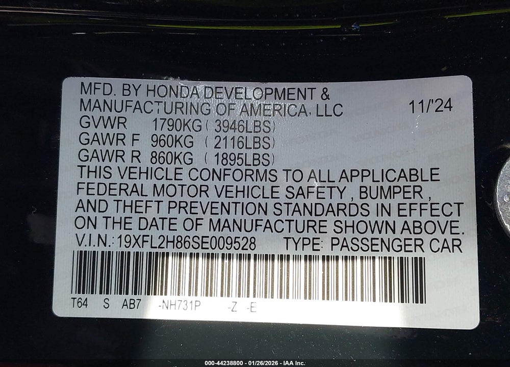 2025 HONDA CIVIC SEDAN SPORT VIN: 19XFL2H86SE009528