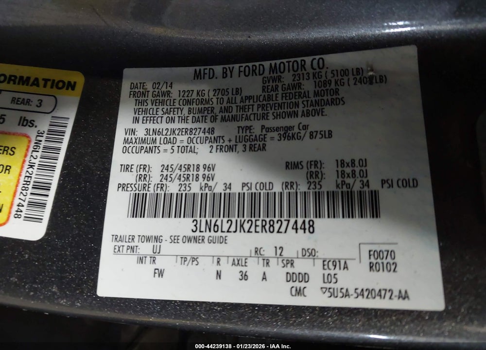 2014 LINCOLN MKZ VIN: 3LN6L2JK2ER827448