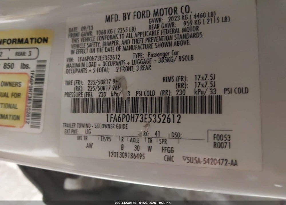 2014 FORD FUSION SE VIN: 1FA6P0H73E5352612