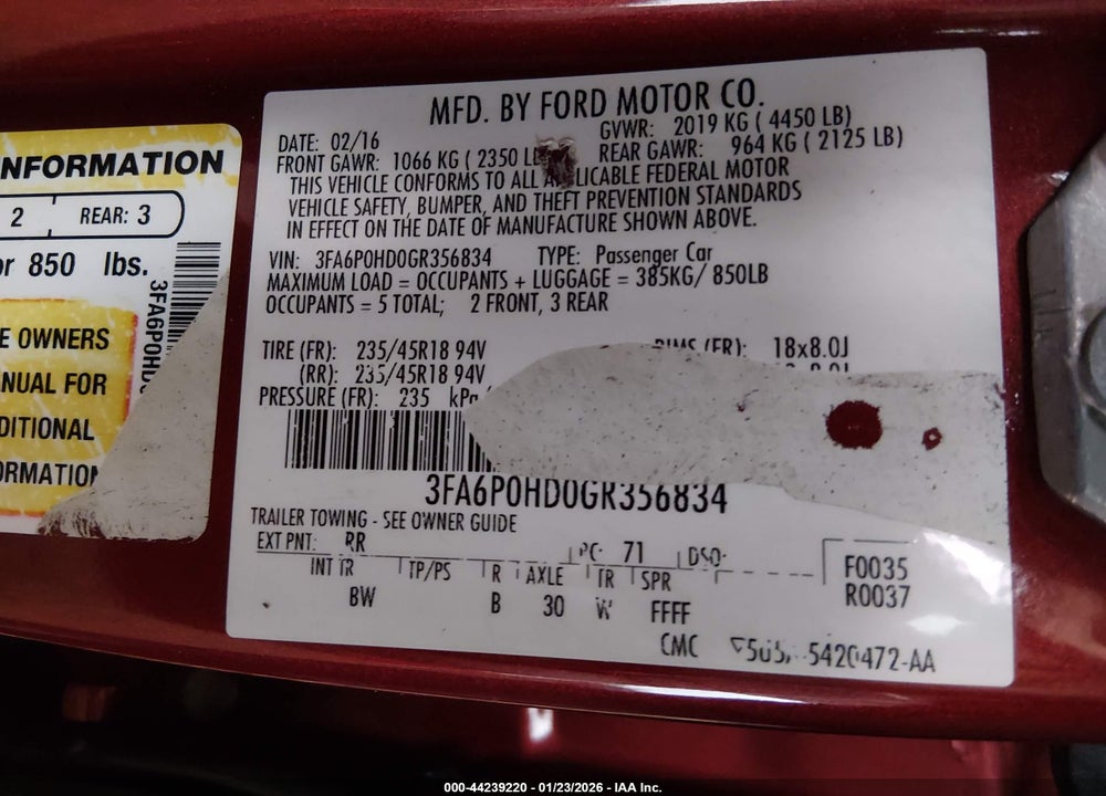 2016 FORD FUSION SE VIN: 3FA6P0HD0GR356834