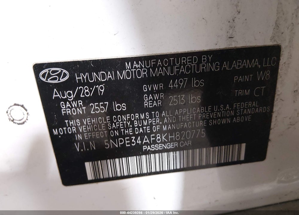 2019 HYUNDAI SONATA SPORT VIN: 5NPE34AF8KH820775
