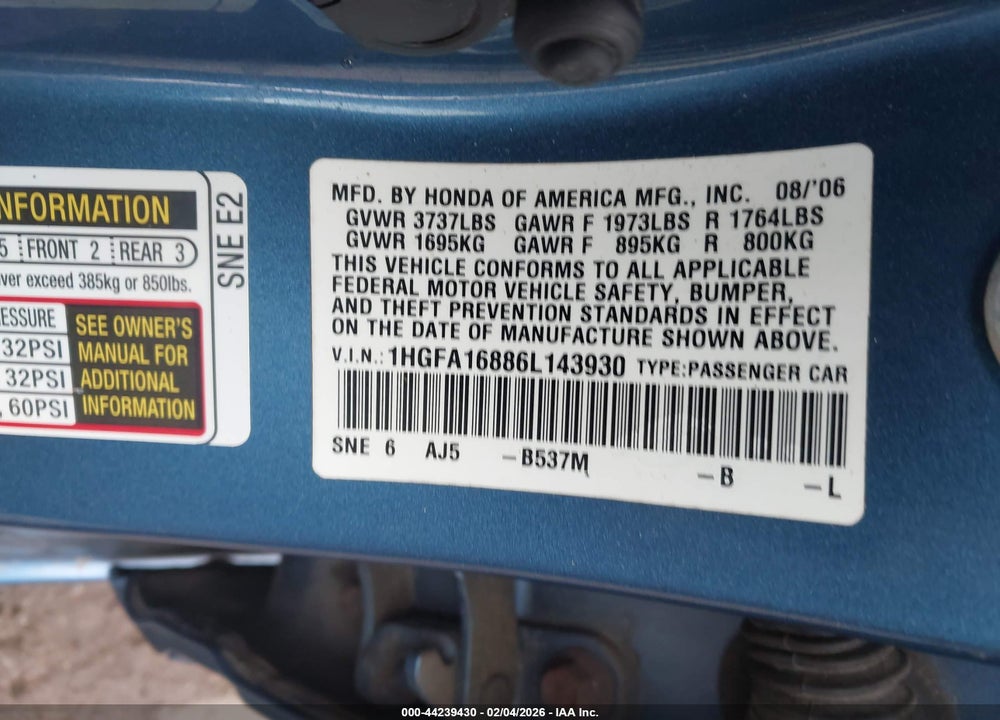 2006 HONDA CIVIC EX VIN: 1HGFA16886L143930