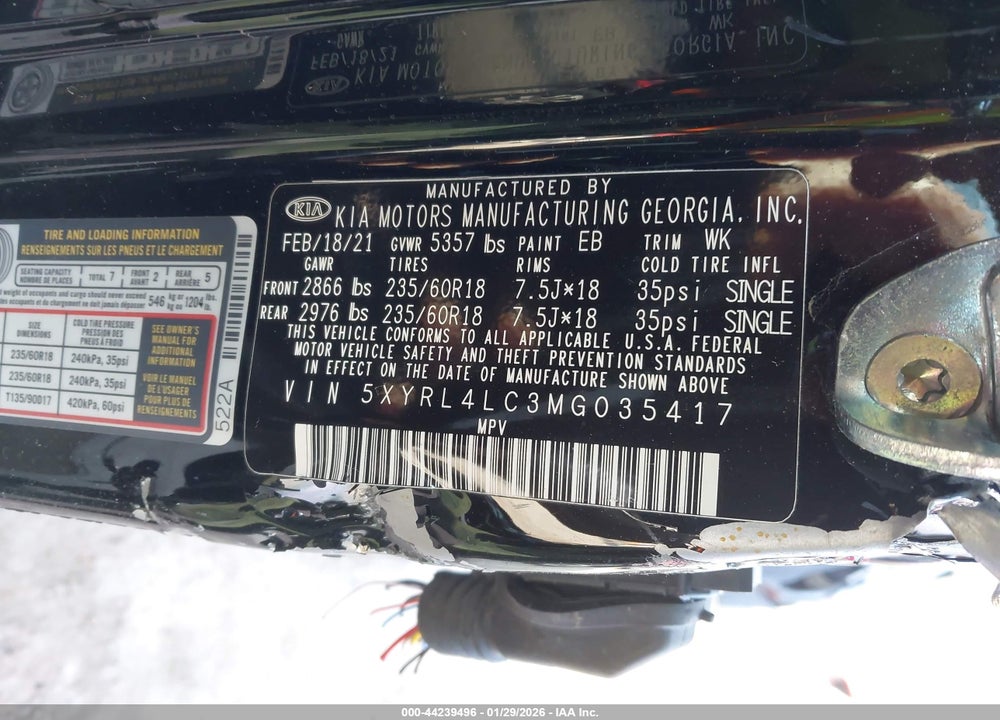 2021 KIA SORENTO S VIN: 5XYRL4LC3MG035417