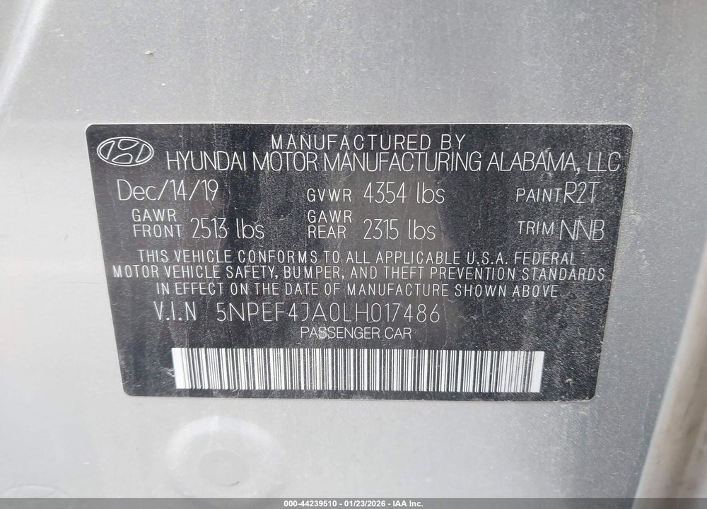 2020 HYUNDAI SONATA SEL VIN: 5NPEF4JA0LH017486