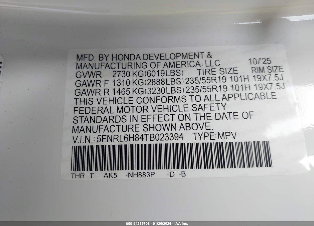 2026 HONDA ODYSSEY TOURING VIN: 5FNRL6H84TB023394