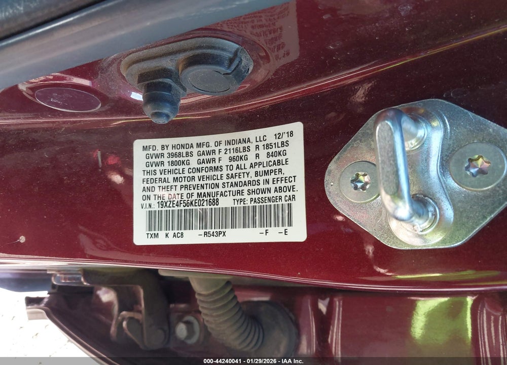 2019 HONDA INSIGHT EX VIN: 19XZE4F56KE021688