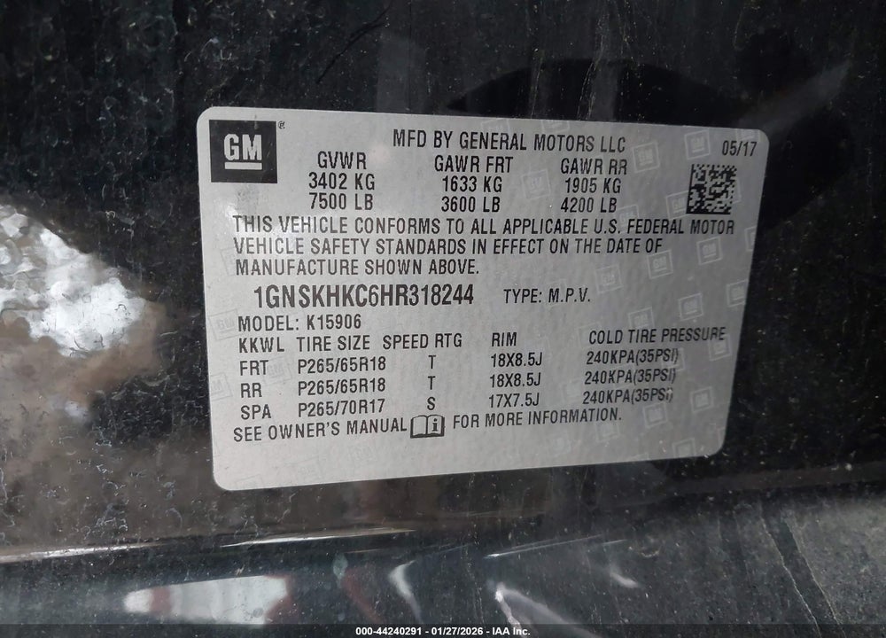 2017 CHEVROLET SUBURBAN LT VIN: 1GNSKHKC6HR318244