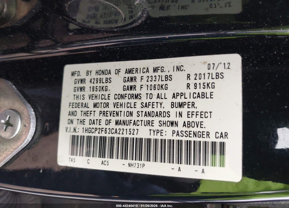2012 HONDA ACCORD 2.4 SE VIN: 1HGCP2F63CA221527