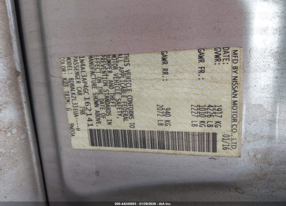 2016 NISSAN ALTIMA 2.5 VIN: 1N4AL3AP4GC162141