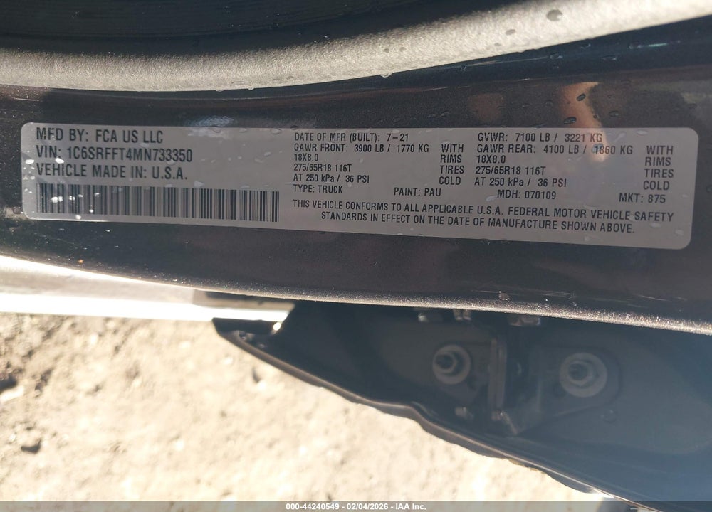 2021 RAM 1500 BIG HORN  4X4 5'7 BOX VIN: 1C6SRFFT4MN733350