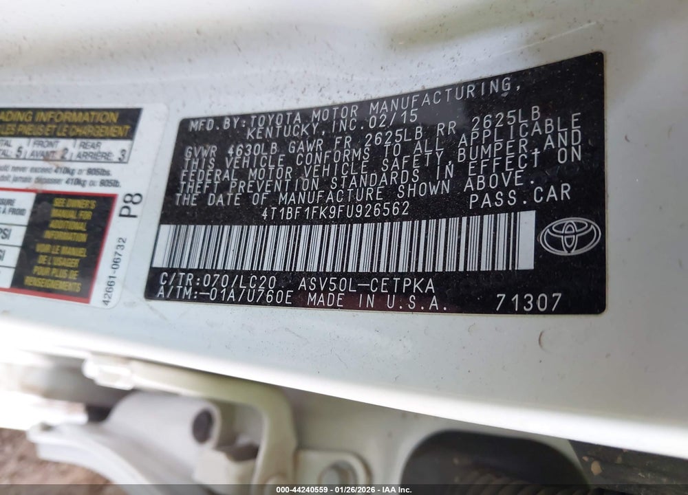 2015 TOYOTA CAMRY XSE VIN: 4T1BF1FK9FU926562