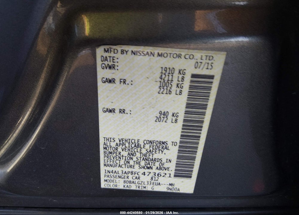 2015 NISSAN ALTIMA 2.5 S VIN: 1N4AL3AP8FC473621