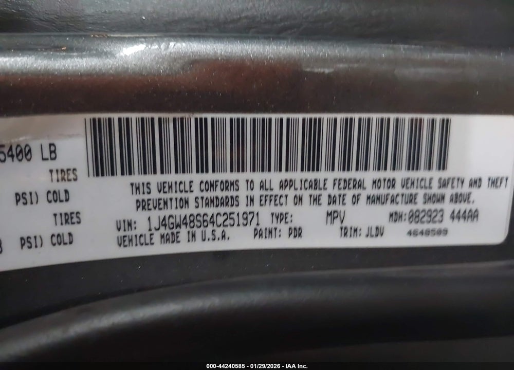 2004 JEEP GRAND CHEROKEE LAREDO VIN: 1J4GW48S64C251971