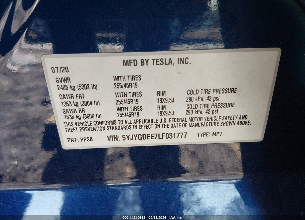 2020 TESLA MODEL Y LONG RANGE DUAL MOTOR ALL-WHEEL DRIVE VIN: 5YJYGDEE7LF031777