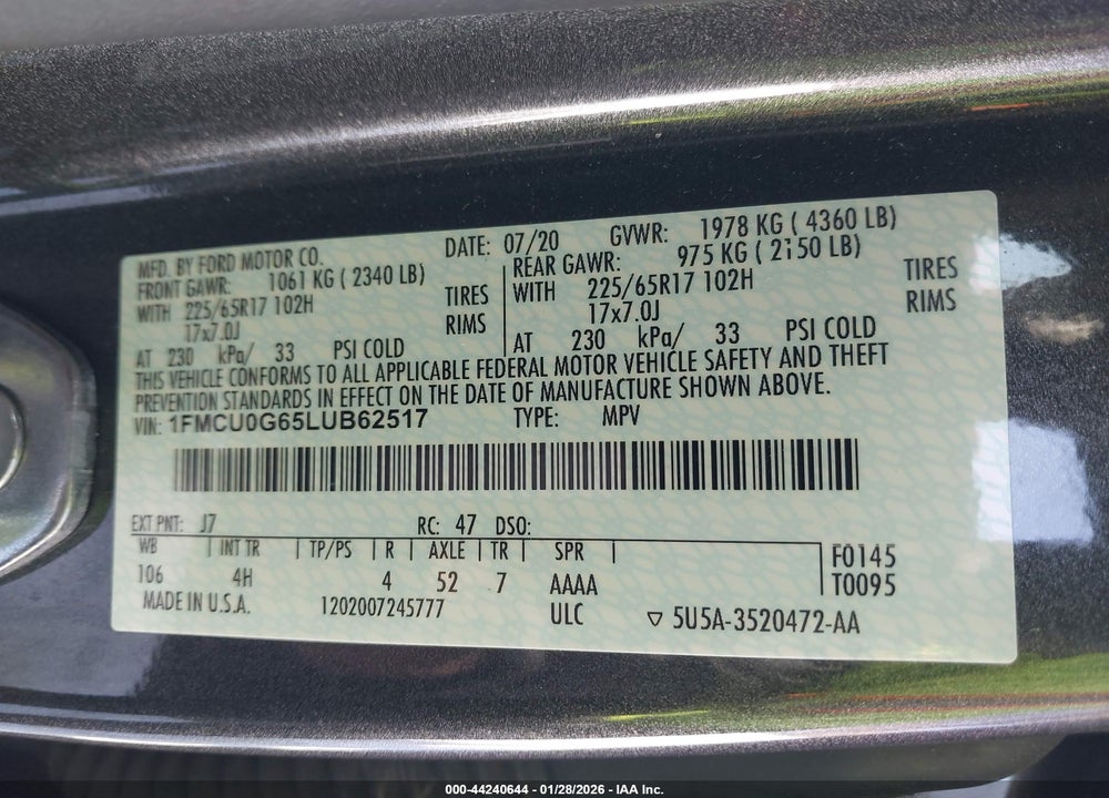 2020 FORD ESCAPE SE VIN: 1FMCU0G65LUB62517