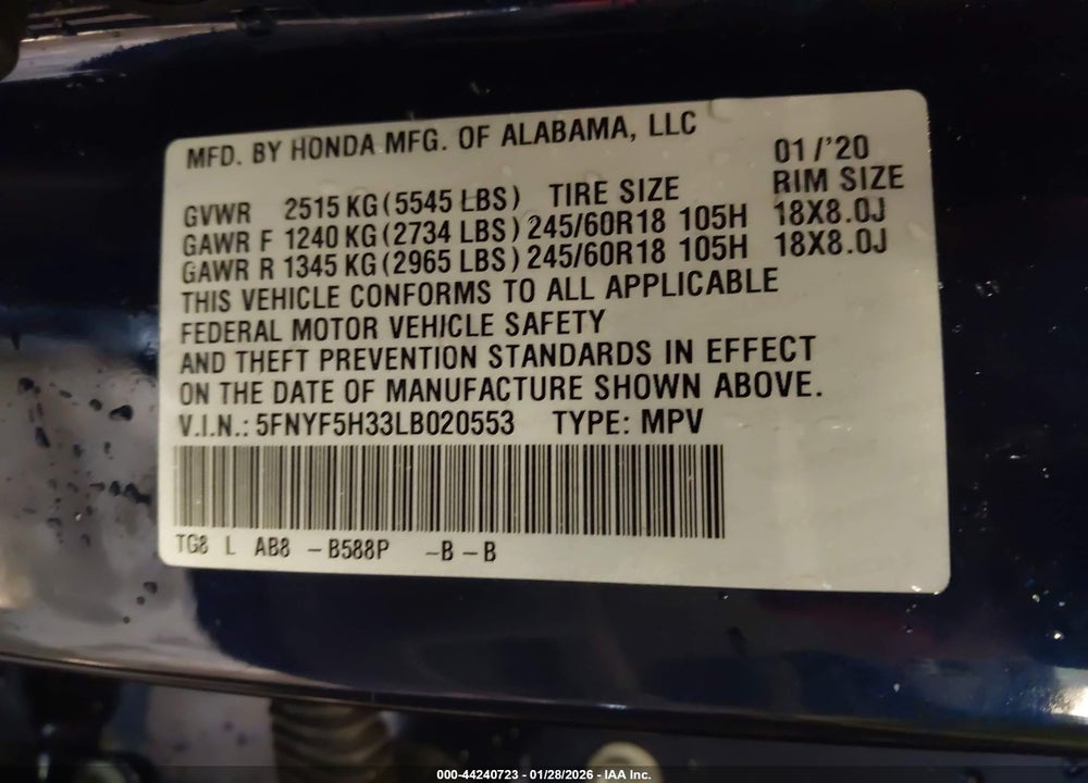 2020 HONDA PILOT 2WD EX VIN: 5FNYF5H33LB020553