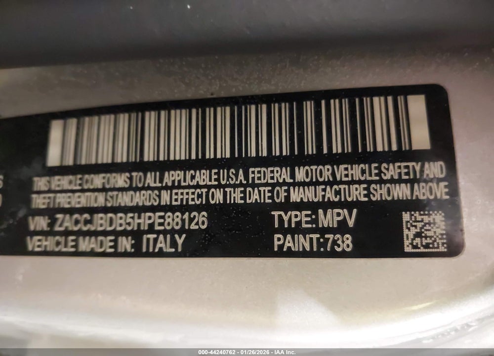 2017 JEEP RENEGADE LIMITED 4X4 VIN: ZACCJBDB5HPE88126