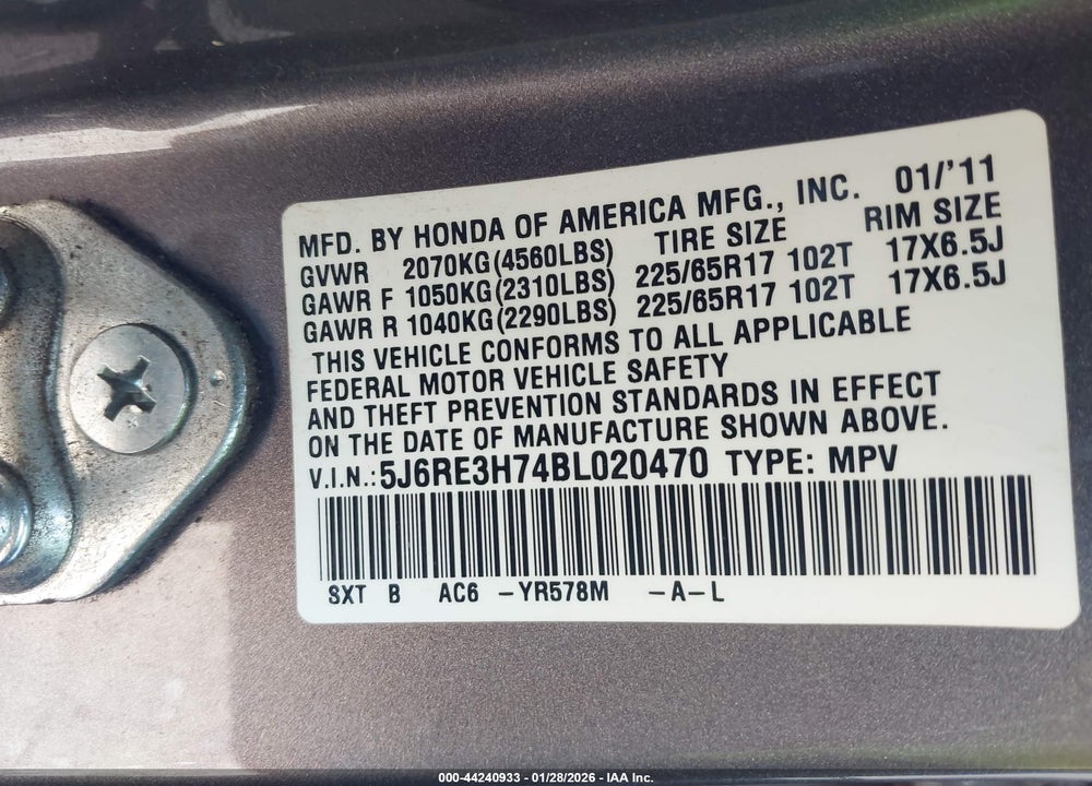 2011 HONDA CR-V EX-L VIN: 5J6RE3H74BL020470