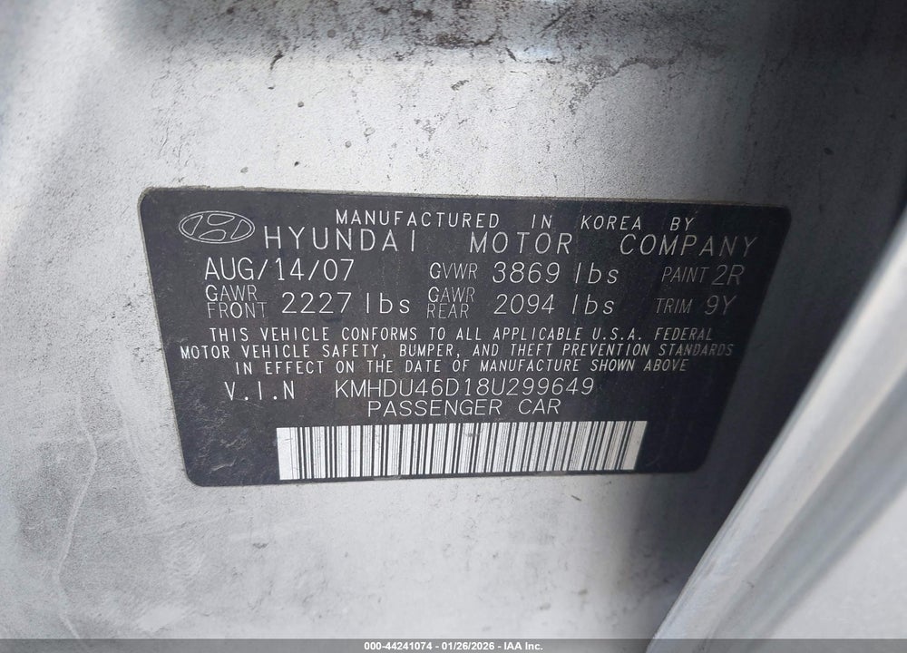 2008 HYUNDAI ELANTRA GLS/SE VIN: KMHDU46D18U299649