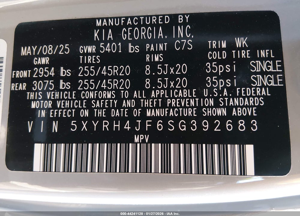2025 KIA SORENTO EX VIN: 5XYRH4JF6SG392683
