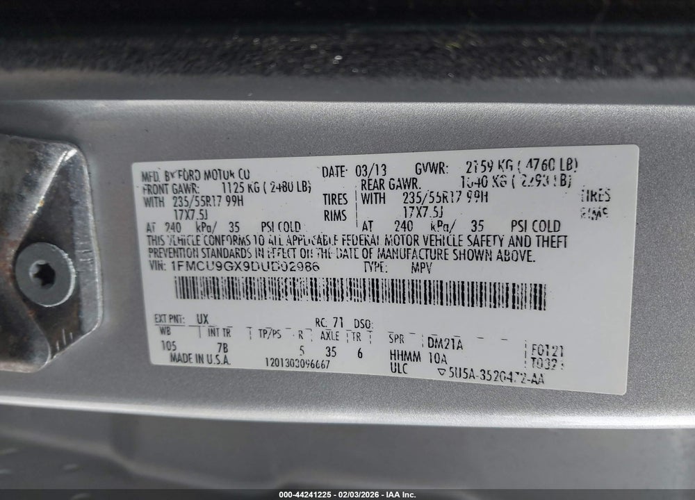 2013 FORD ESCAPE SE VIN: 1FMCU9GX9DUD02986