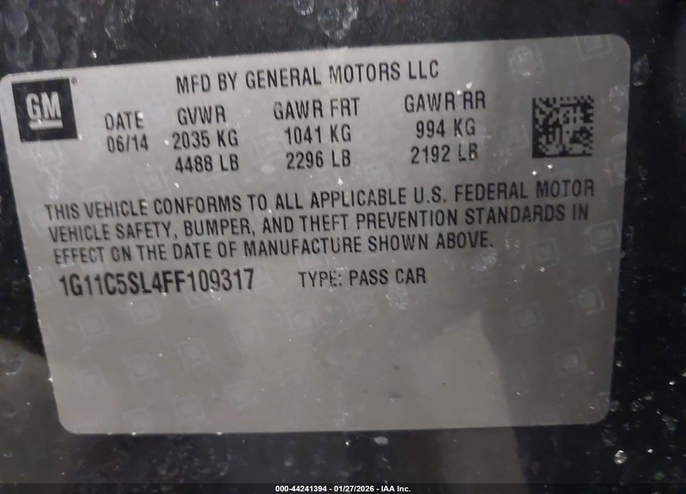 2015 CHEVROLET MALIBU 1LT VIN: 1G11C5SL4FF109317