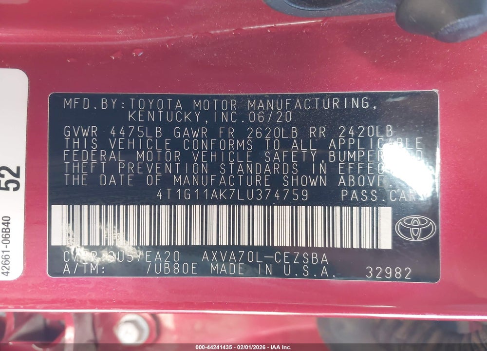 2020 TOYOTA CAMRY SE VIN: 4T1G11AK7LU374759