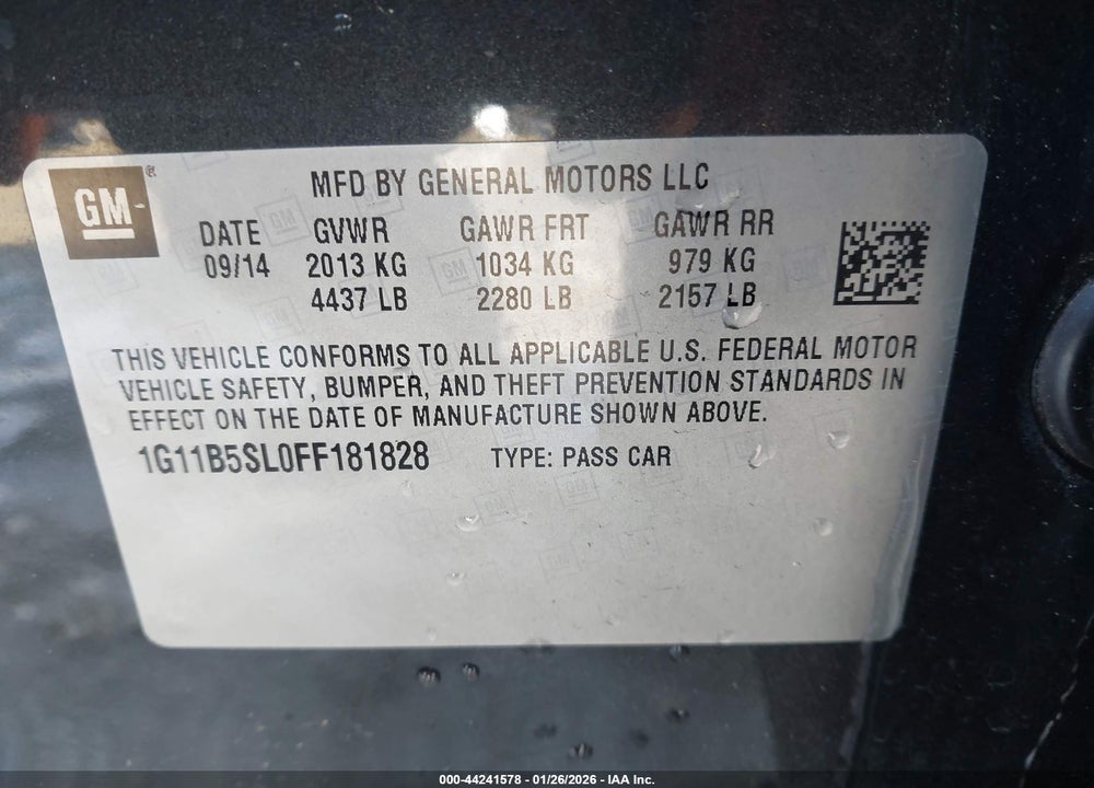2015 CHEVROLET MALIBU LS VIN: 1G11B5SL0FF181828